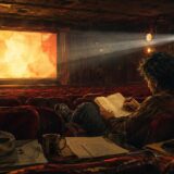 古い映画館で脚本を書く映画監督を描いたシネマティックなイラスト