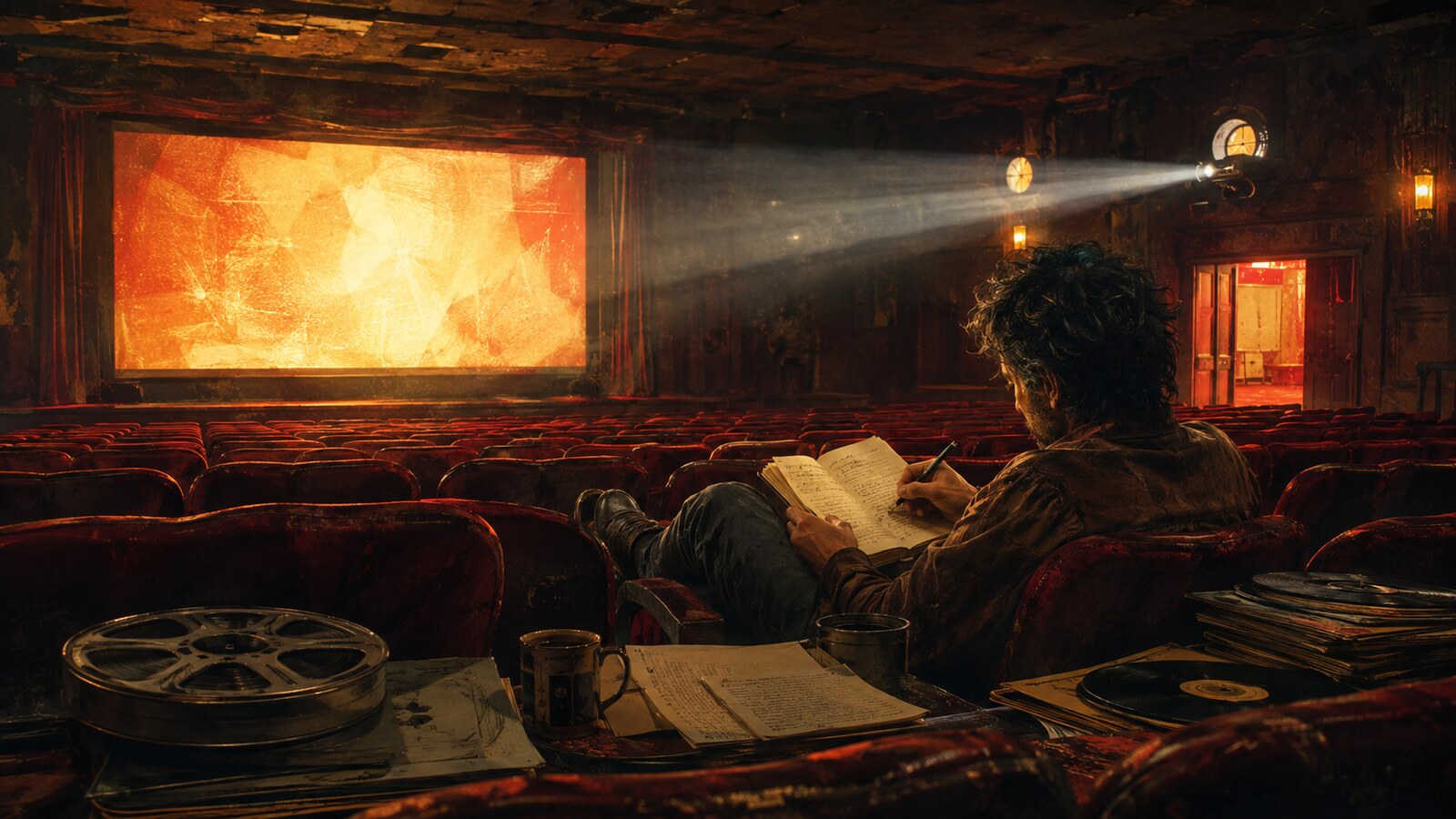 古い映画館で脚本を書く映画監督を描いたシネマティックなイラスト