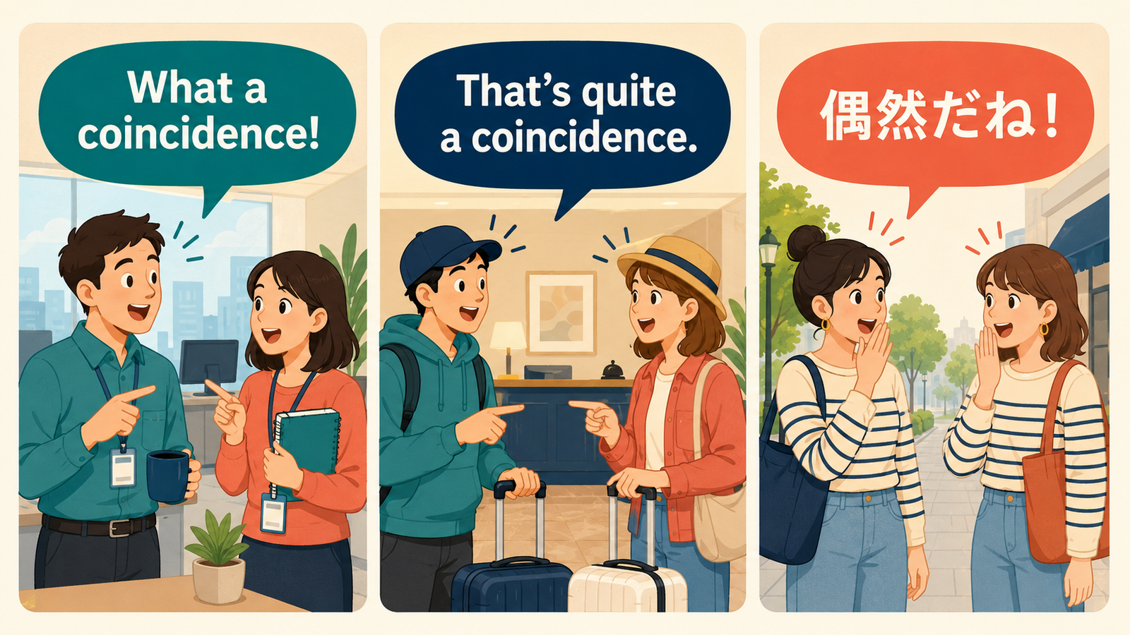 What a coincidenceとThat’s quite a coincidenceの使い方を示す解説イラスト