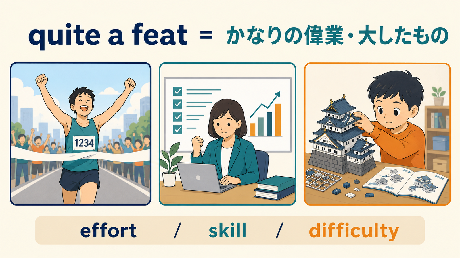 quite a featが努力・技能・難しさを伴う達成を表すことを示す解説イラスト