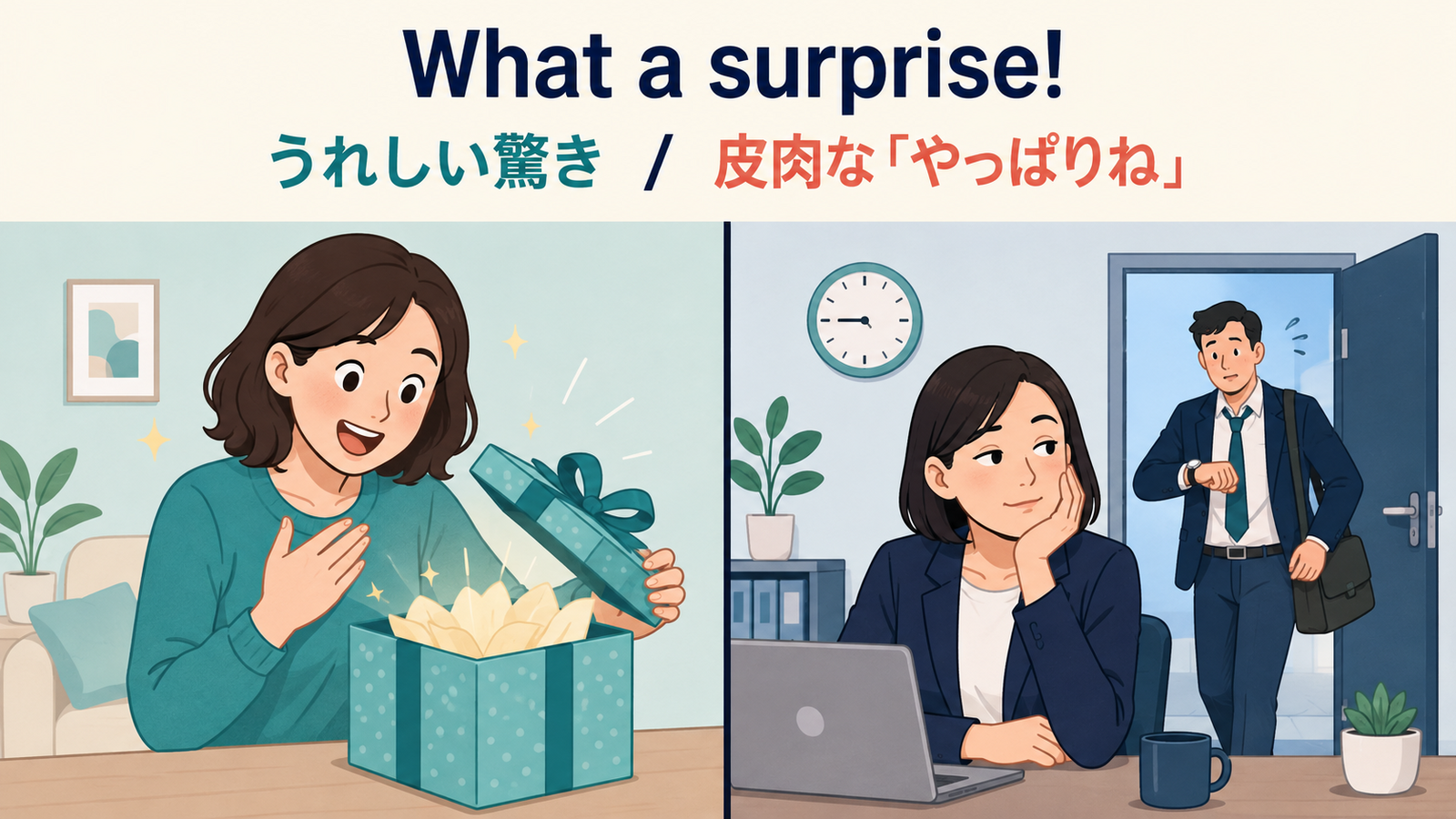 What a surpriseがうれしい驚きと皮肉な反応を表すことを比較する解説イラスト