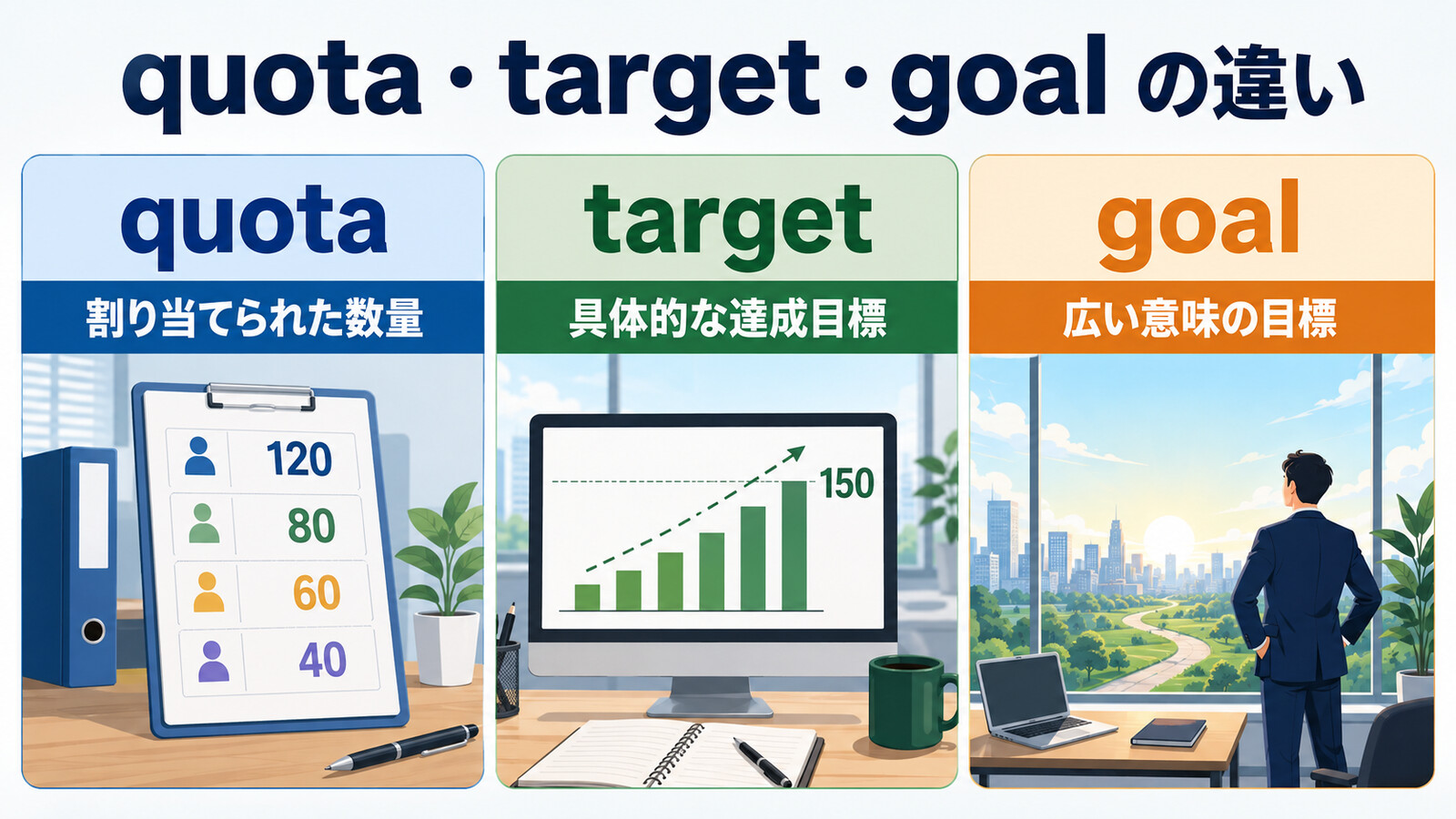 quotaは割り当て数量、targetは具体的な達成目標、goalは広い意味の目標という違い