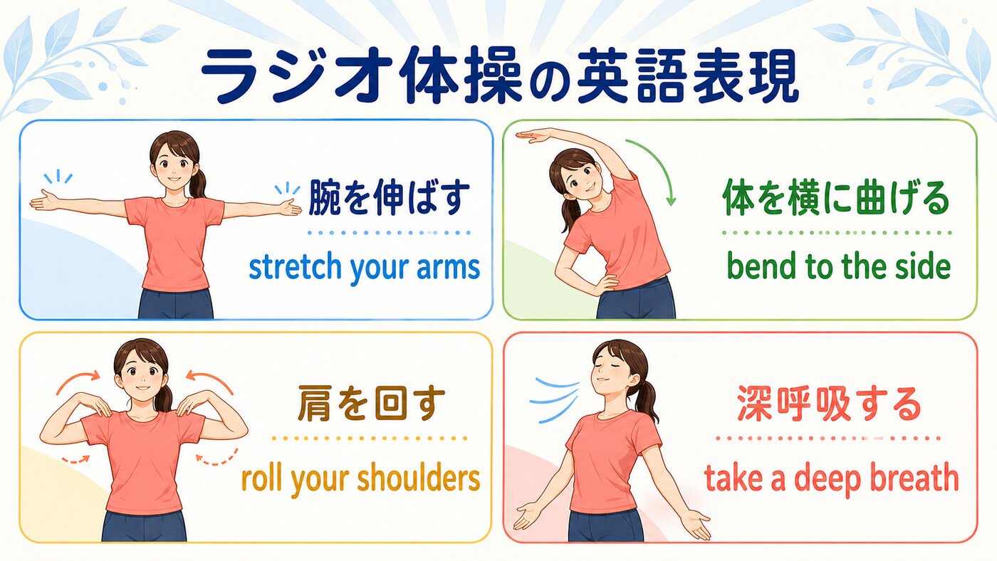 ラジオ体操の英語表現 stretch・bend・roll・take a deep breath