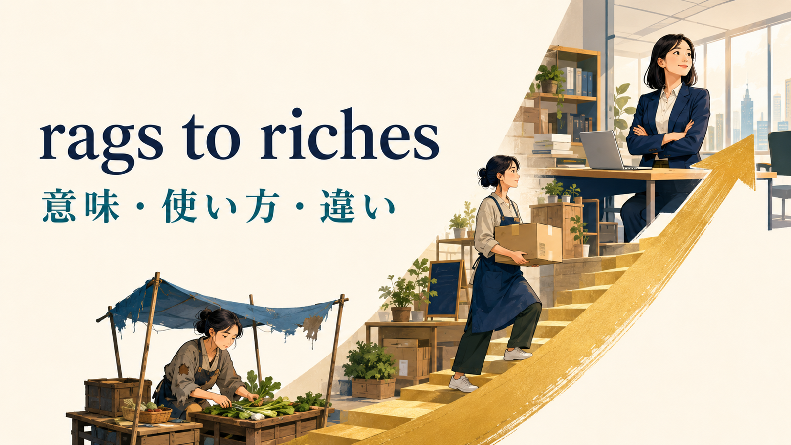 rags to richesの意味・使い方・類似表現との違いを示すアイキャッチ画像