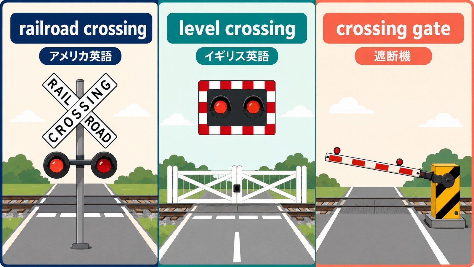 railroad crossing・level crossing・crossing gateの違い