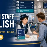 駅の案内所で乗換と切符を英語で案内する駅係員