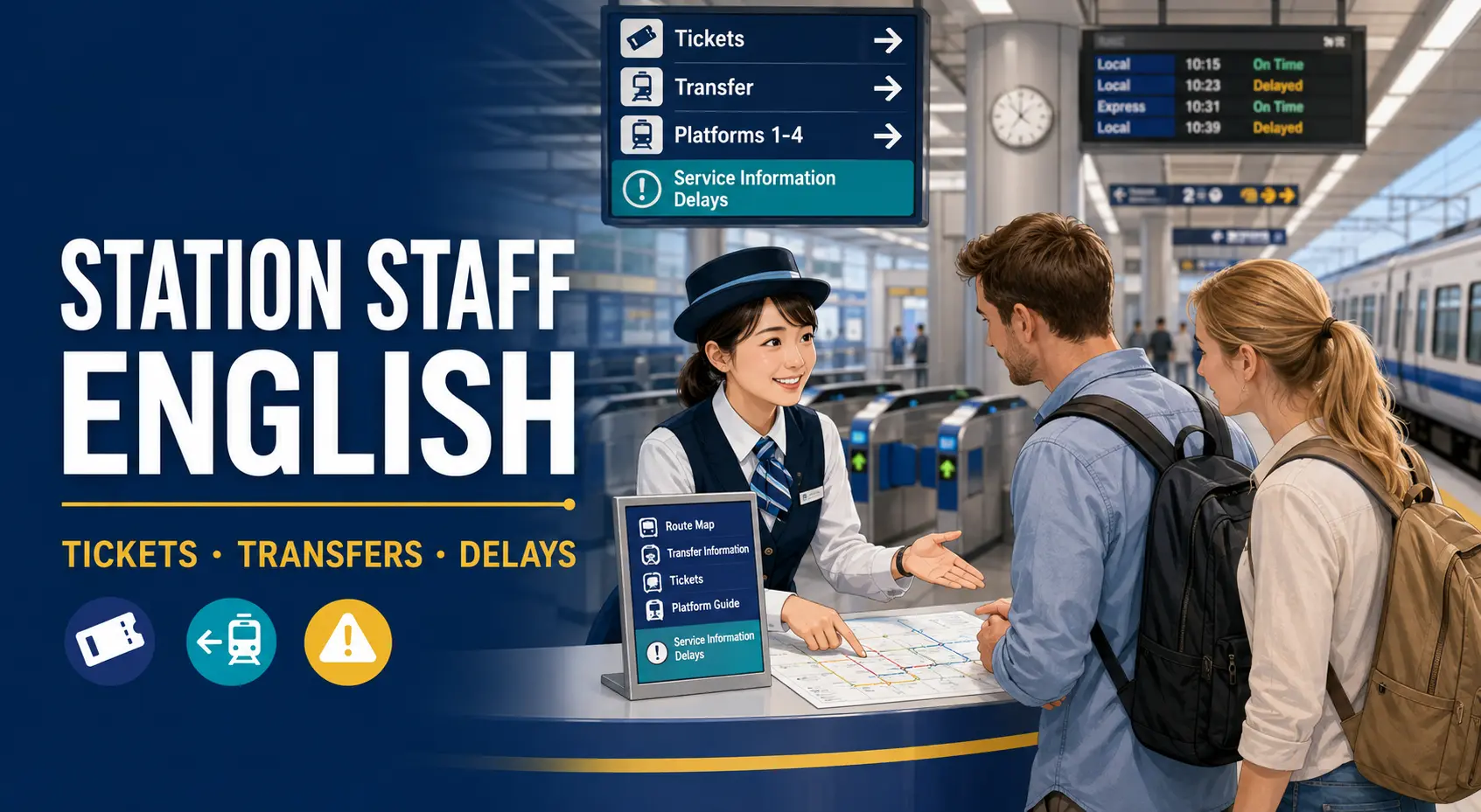 駅の案内所で乗換と切符を英語で案内する駅係員