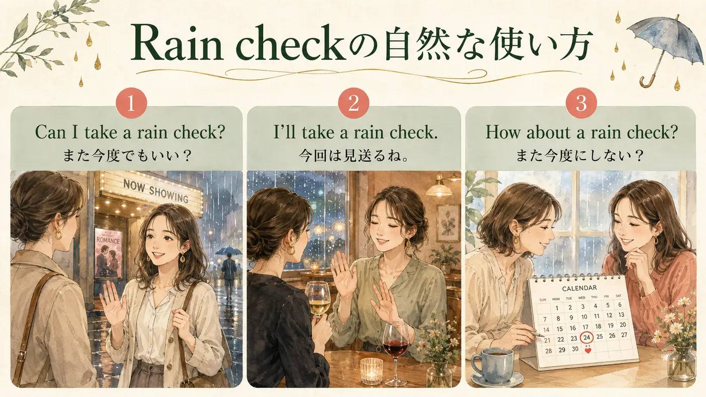 Can I take a rain check、I’ll take a rain check、How about a rain checkの使い方