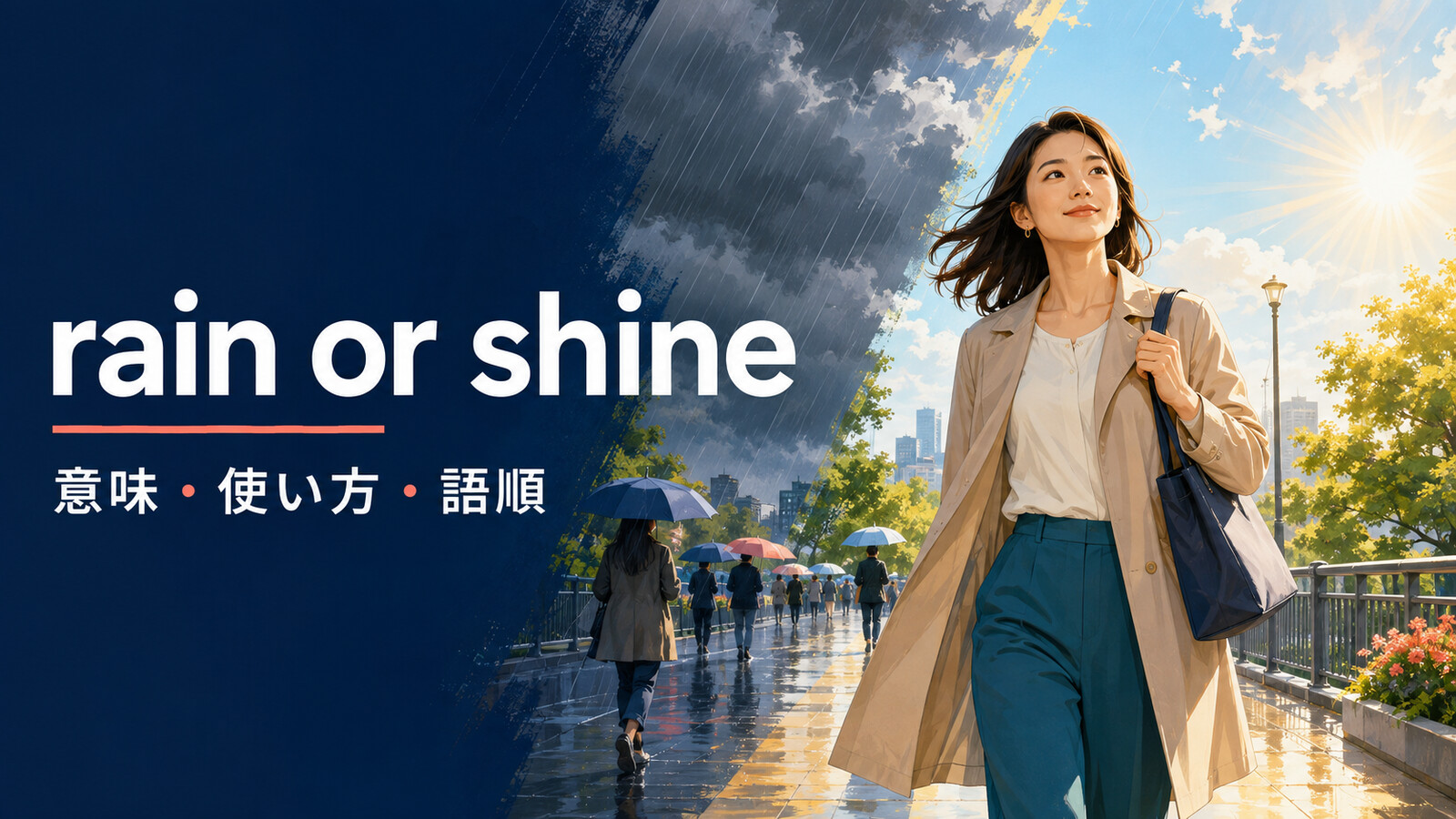 rain or shineの意味・使い方・語順を解説するアイキャッチ画像