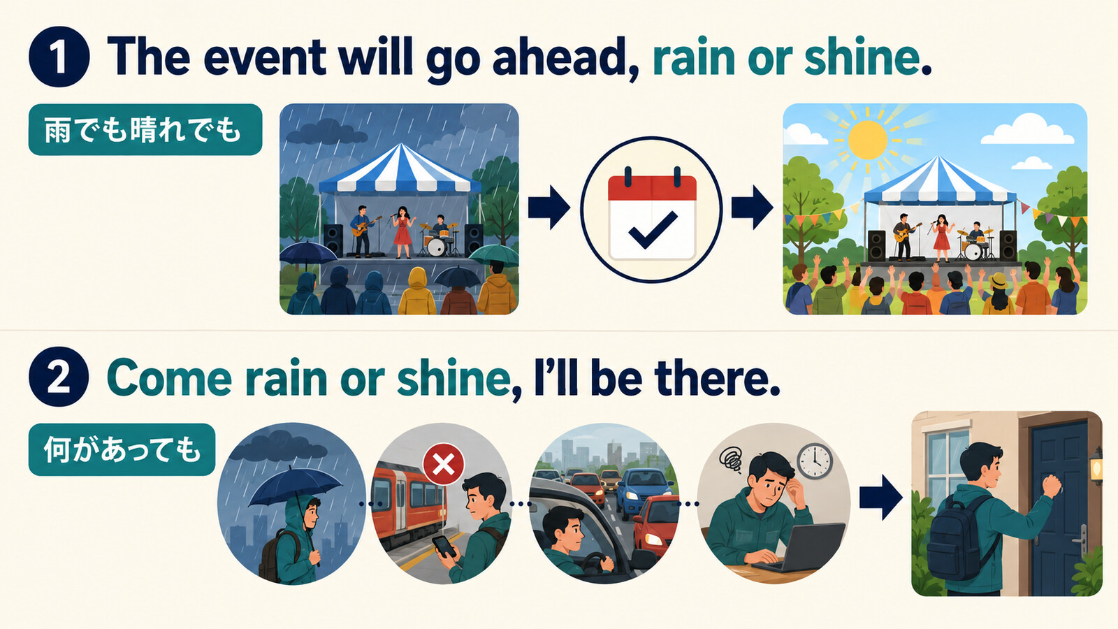 rain or shineの意味は？「雨でも晴れでも・何があっても」の使い方と語順