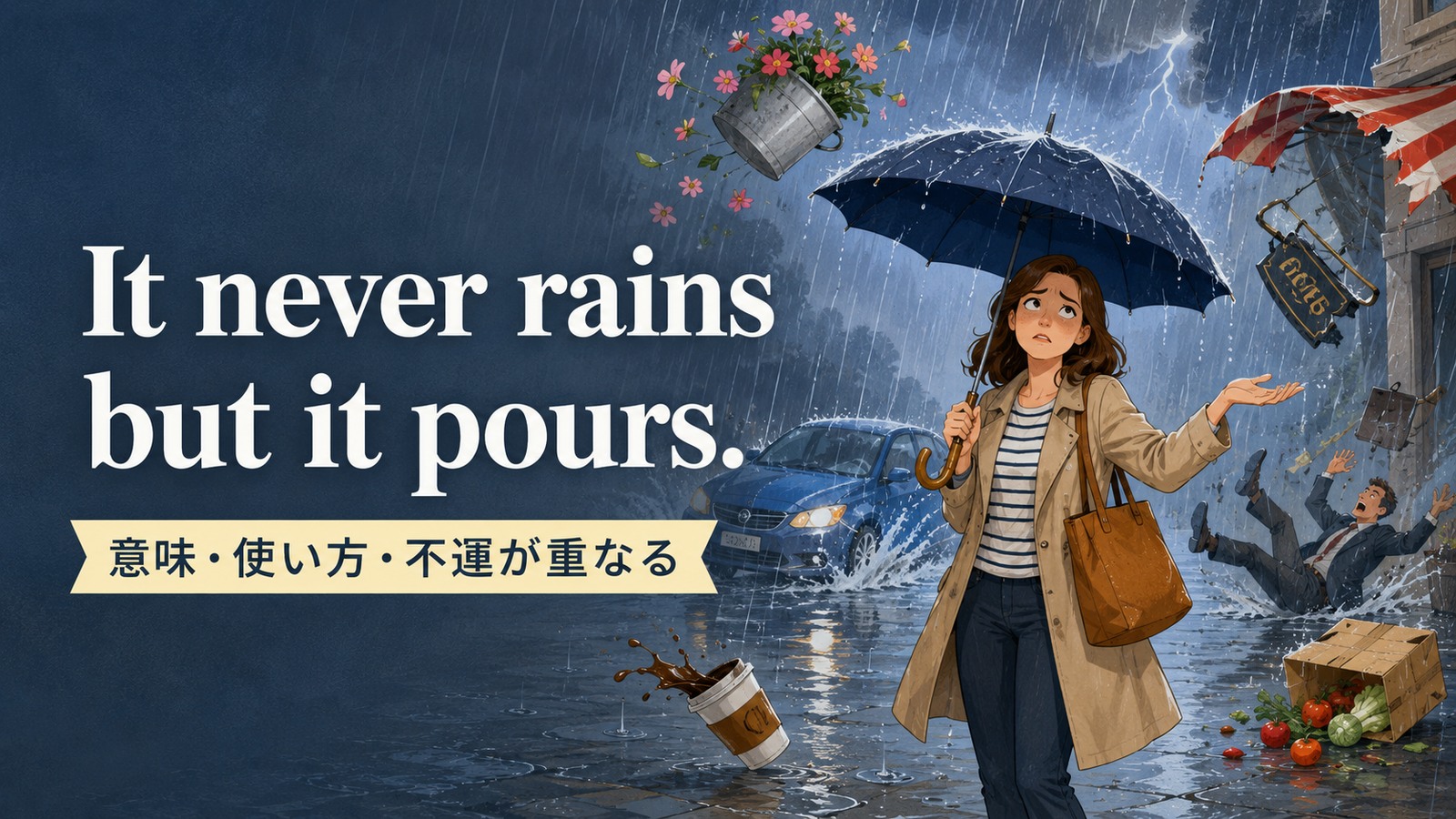 It never rains but it pours.の意味・使い方を解説するアイキャッチ画像
