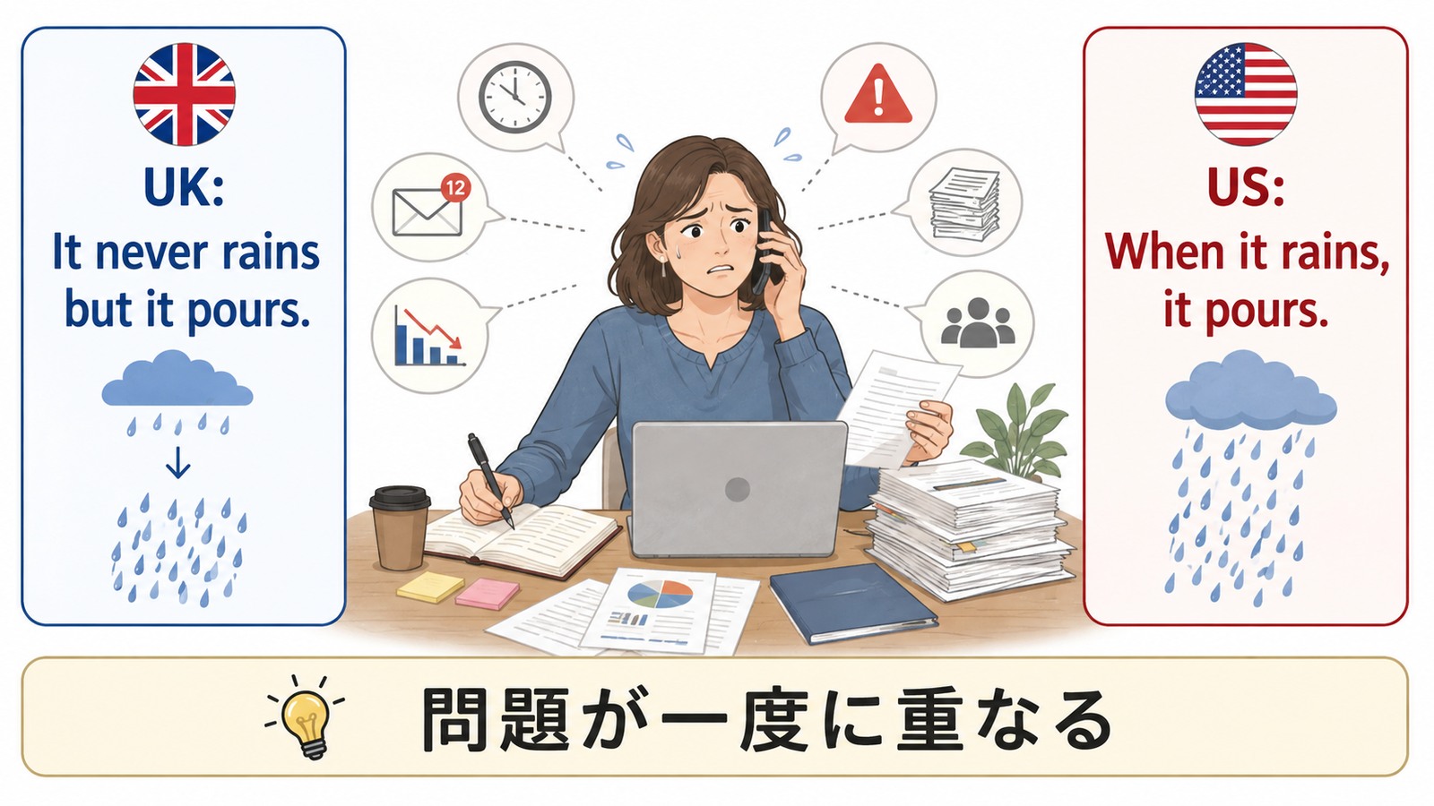 It never rains but it pours.の直訳・ニュアンス・注意点を比較する解説イラスト