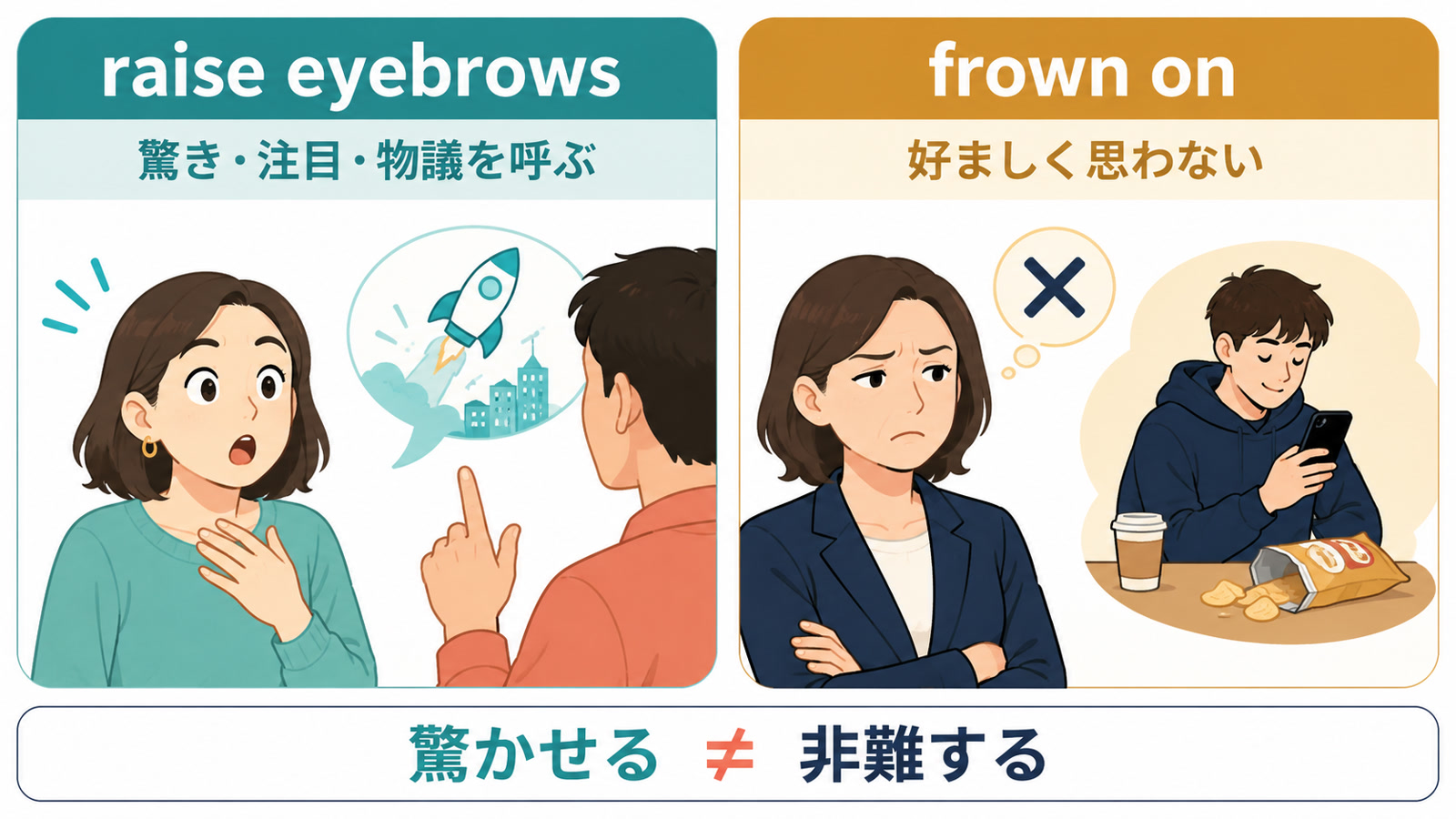 raise eyebrowsは驚きや注目を呼ぶ、frown onは好ましく思わないという違い