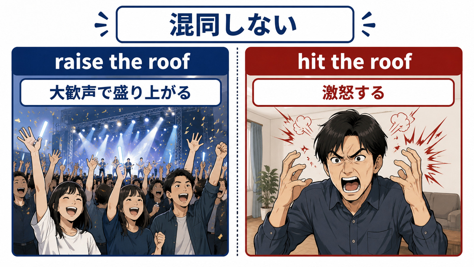 raise the roofの直訳と実際の意味を比較する本文イラスト