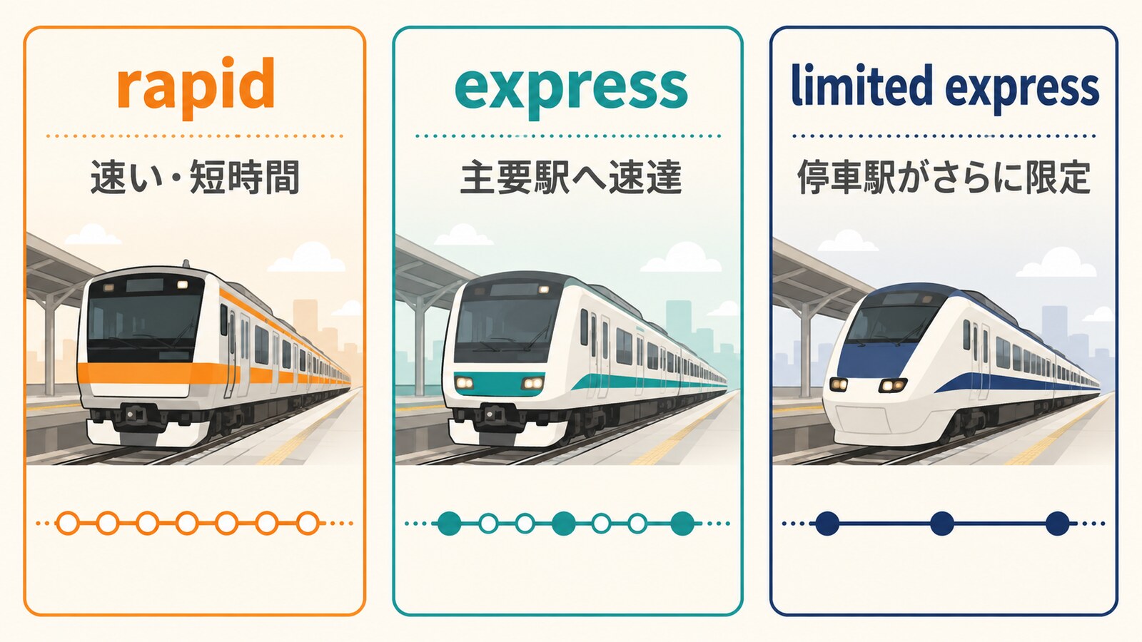 rapid、express、limited expressの意味と停車駅の違いを示す図解