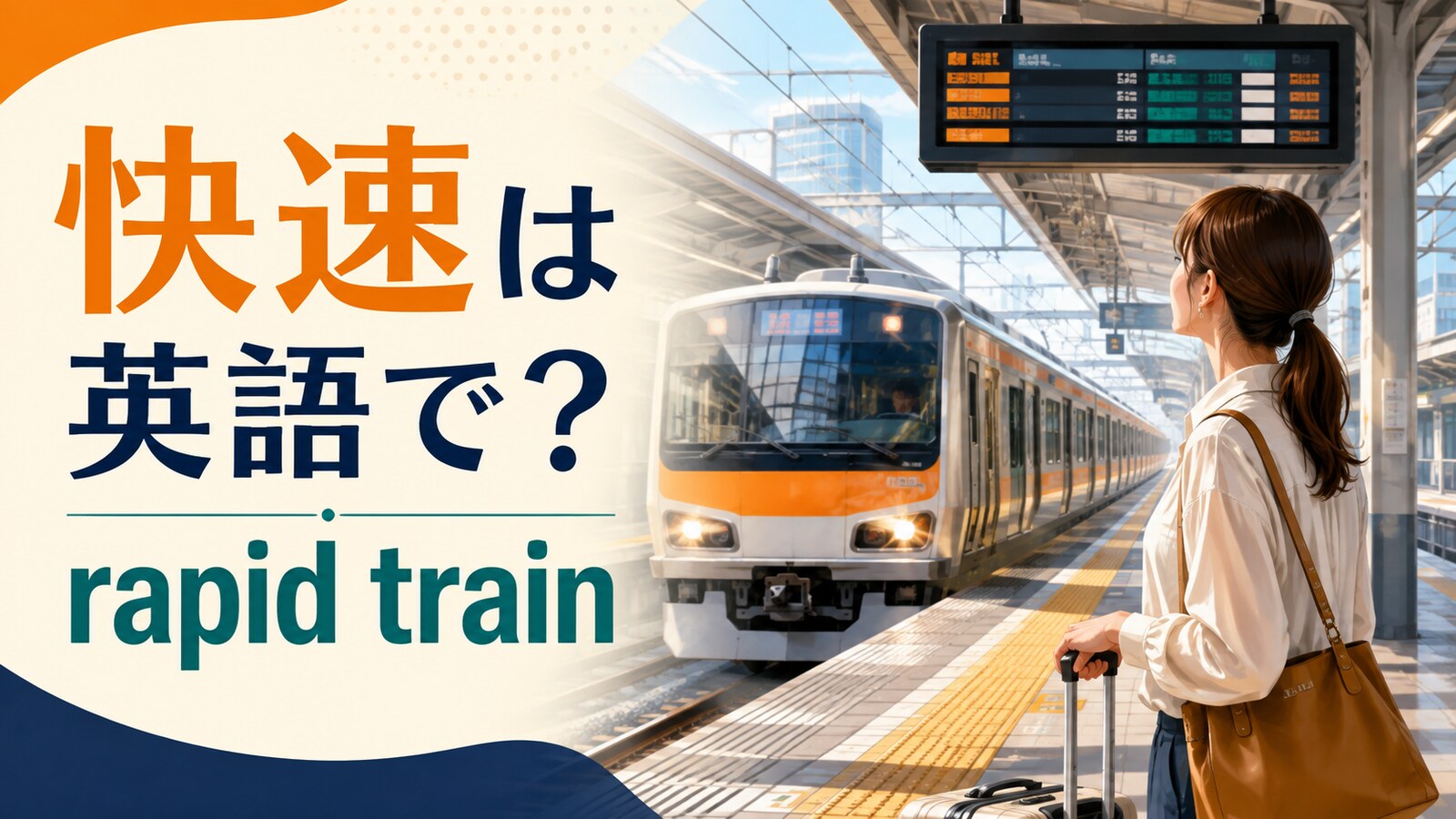 駅で快速列車を待つ旅行者と「快速は英語で？rapid train」の文字