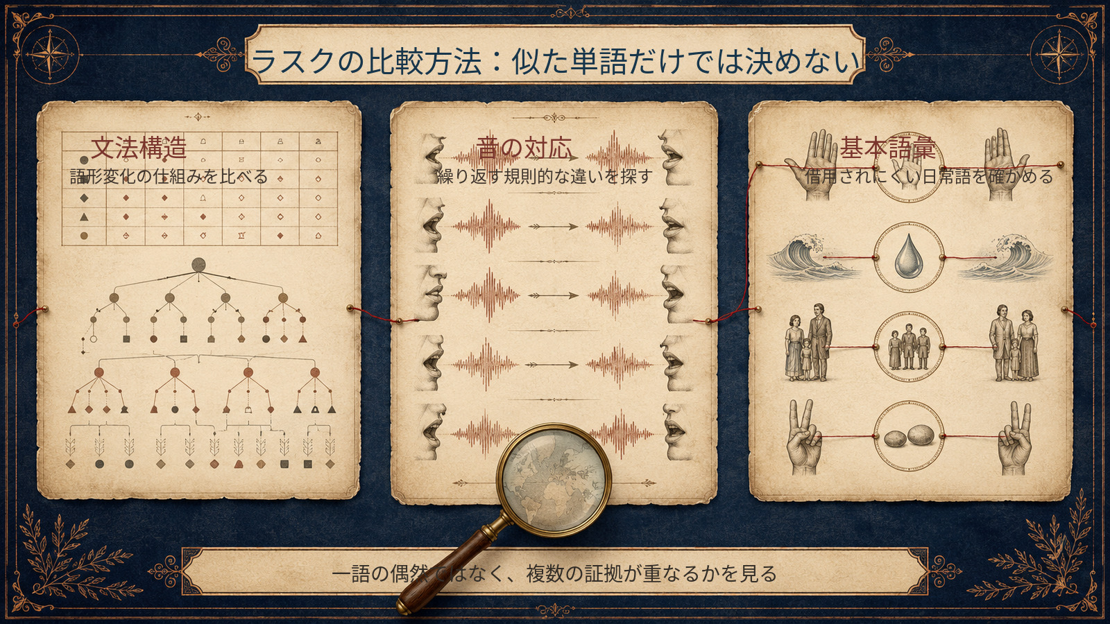文法構造、音の対応、基本語彙というラスムス・ラスクの言語比較方法を示す図