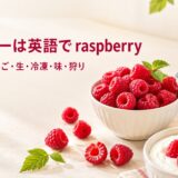 生と冷凍のラズベリーと「ラズベリーは英語で raspberry」「複数形・木いちご・生・冷凍・味・狩り」の文字
