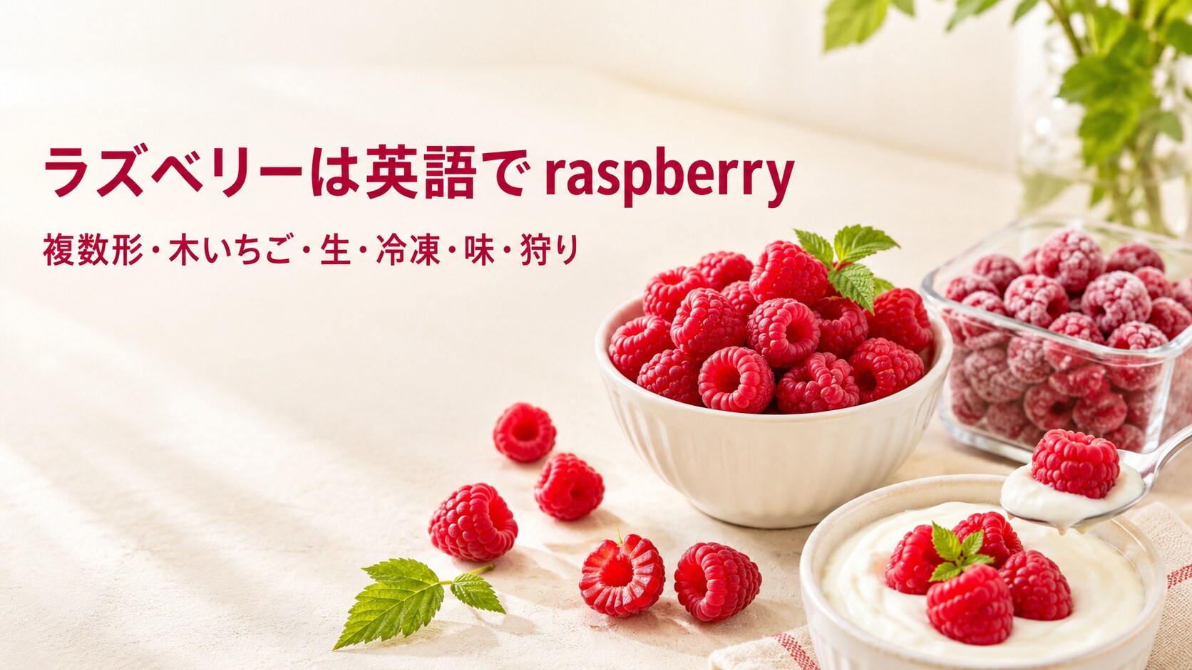 生と冷凍のラズベリーと「ラズベリーは英語で raspberry」「複数形・木いちご・生・冷凍・味・狩り」の文字