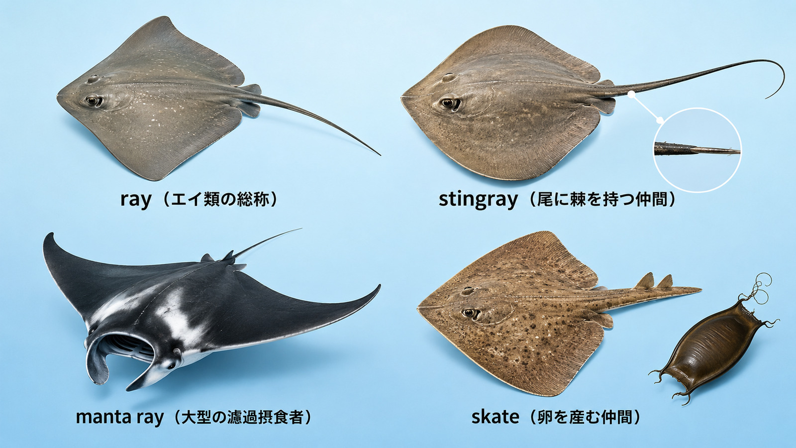 ray・stingray・manta ray・skateの形と特徴の比較