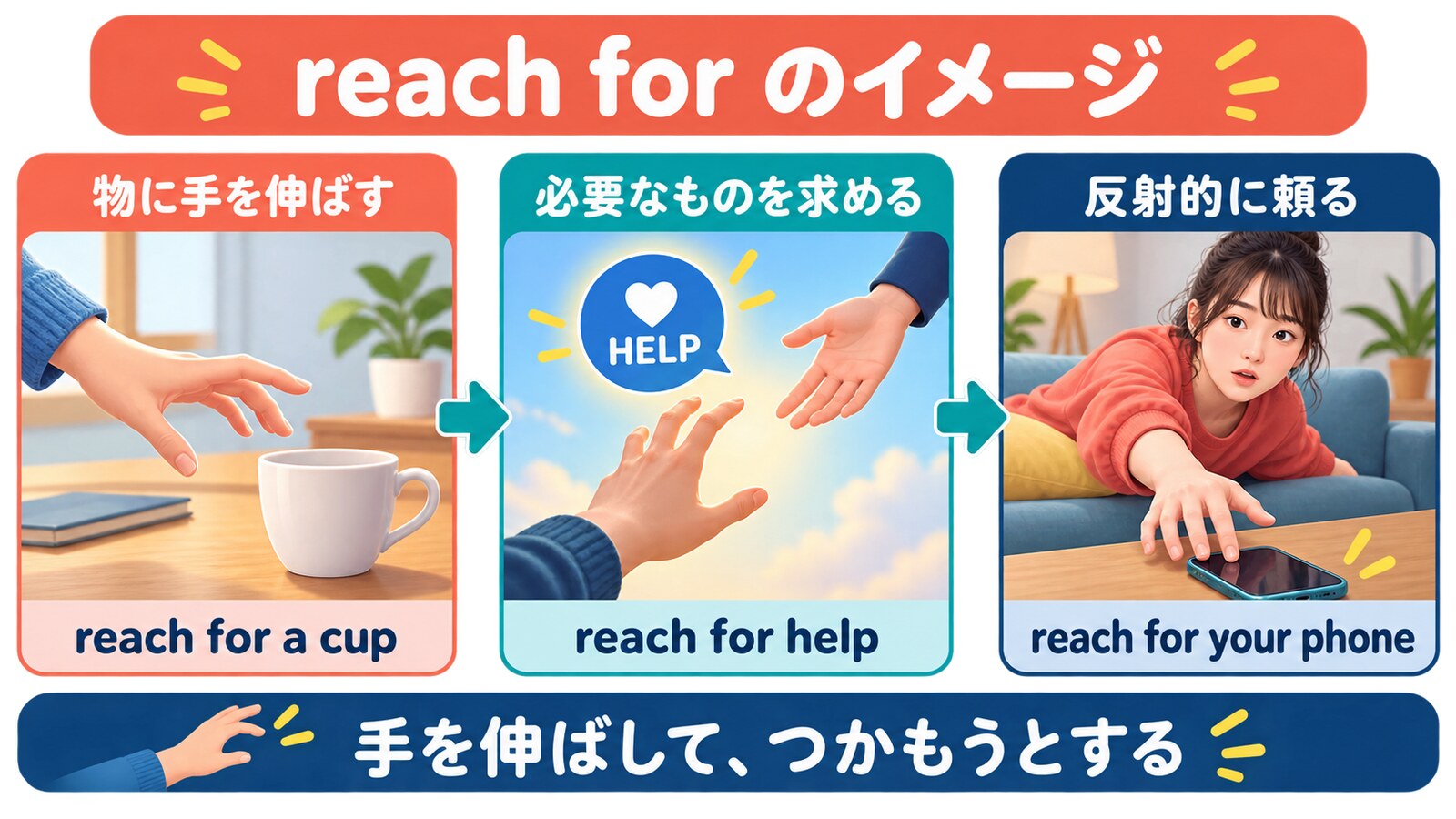 reach forの物理的意味から比喩的意味への広がりを示す図解