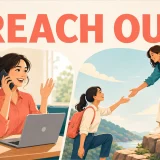 REACH OUTの文字と、連絡する・手を差し伸べる場面を描いたイラスト
