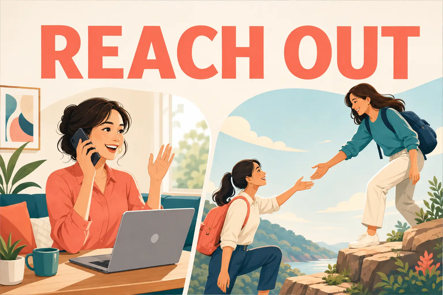 REACH OUTの文字と、連絡する・手を差し伸べる場面を描いたイラスト