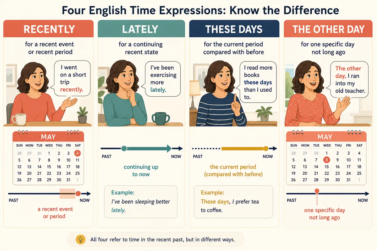 recently・lately・these days・the other dayの違いを示す英語学習図解