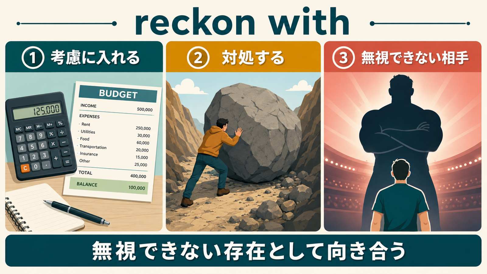reckon withの考慮に入れる・対処する・無視できない相手という意味を示す解説図