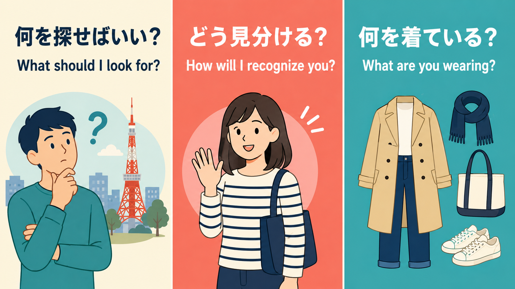 What should I look for、How will I recognize you、What are you wearingの違い