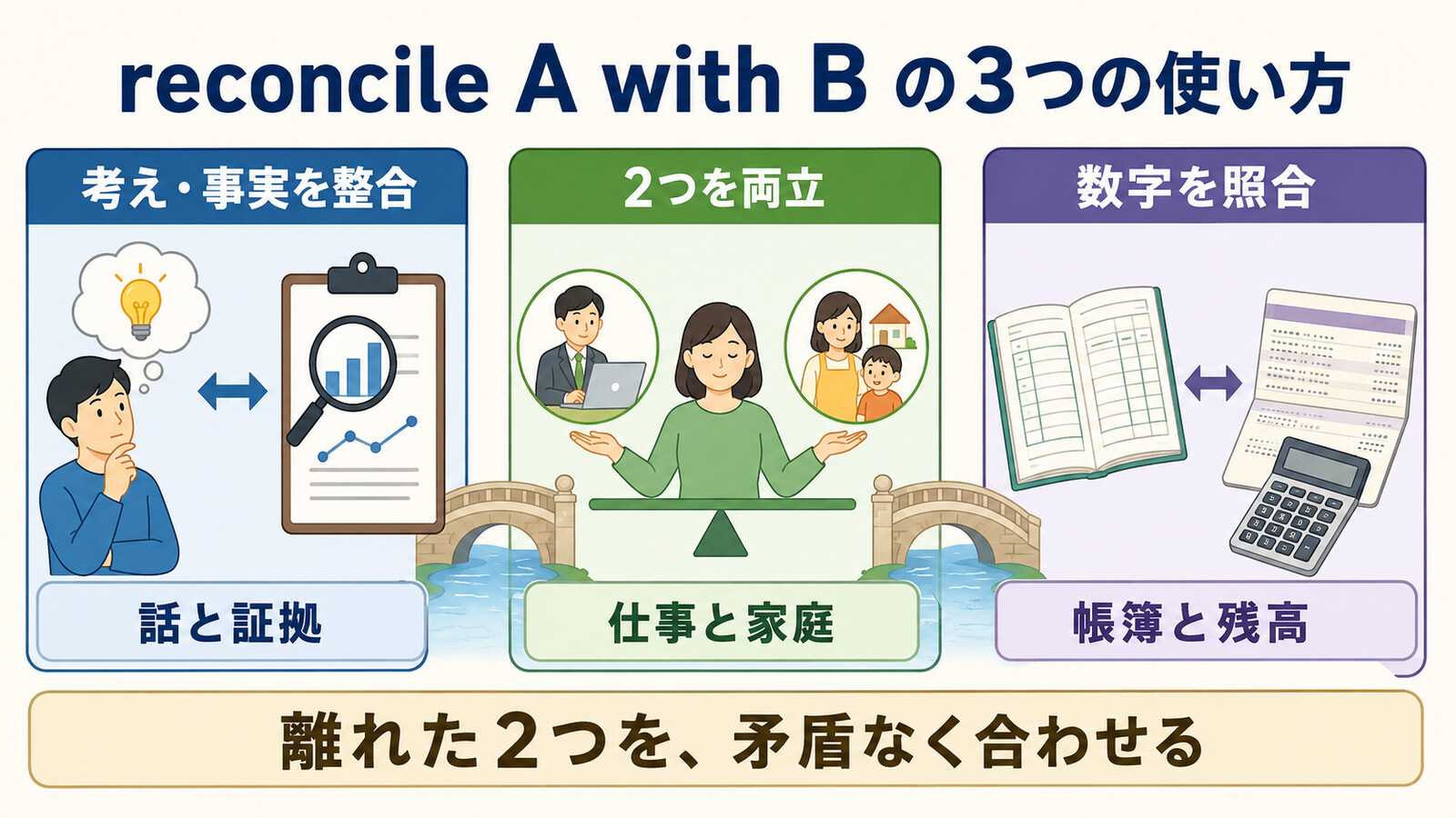 reconcile A with Bの整合・両立・照合という3つの使い方を示した図
