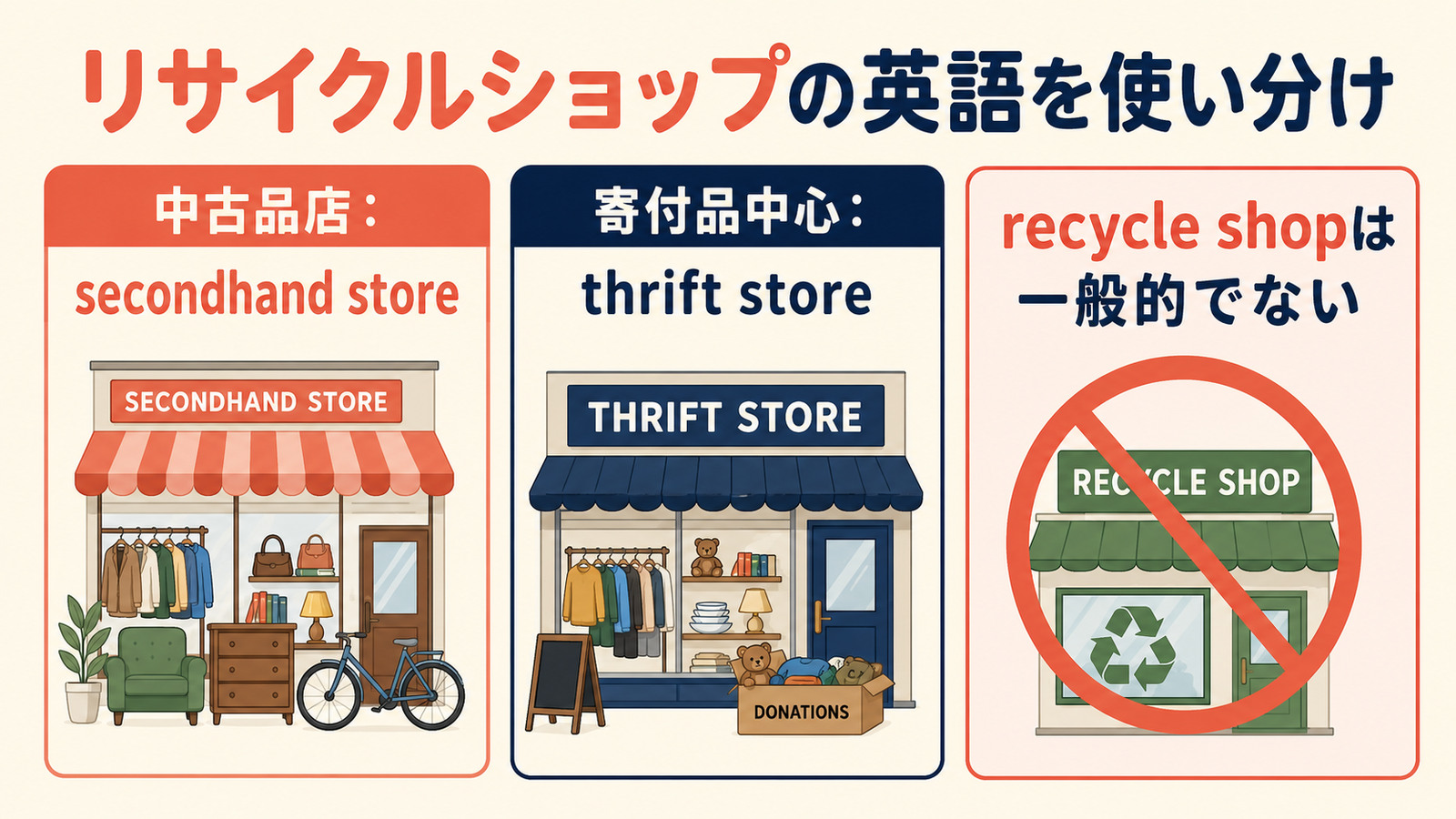 「リサイクルショップ」と自然な英語表現の違い・使い分けを示す解説イラスト
