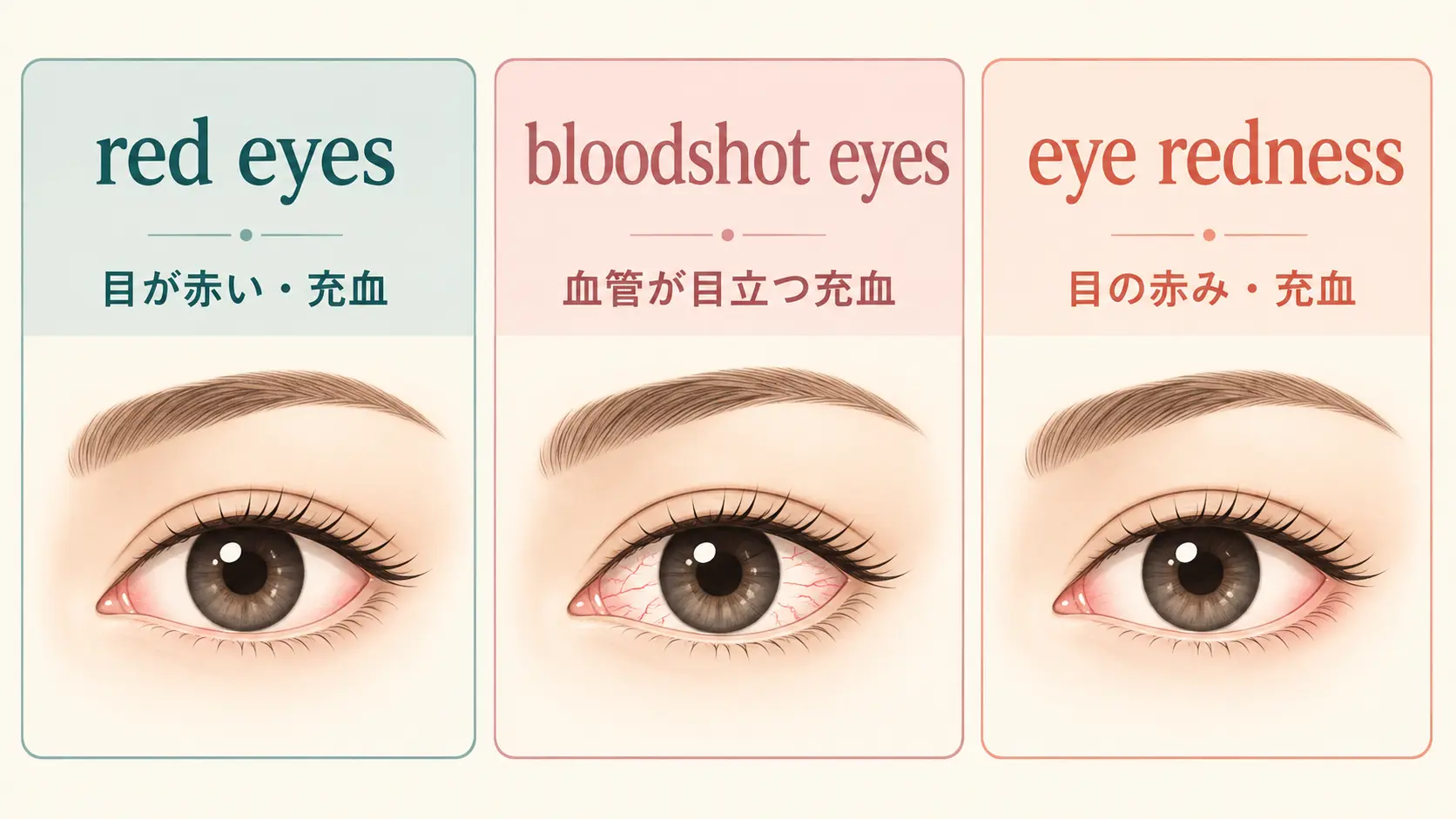red eyes・bloodshot eyes・eye rednessの違いを示す図解