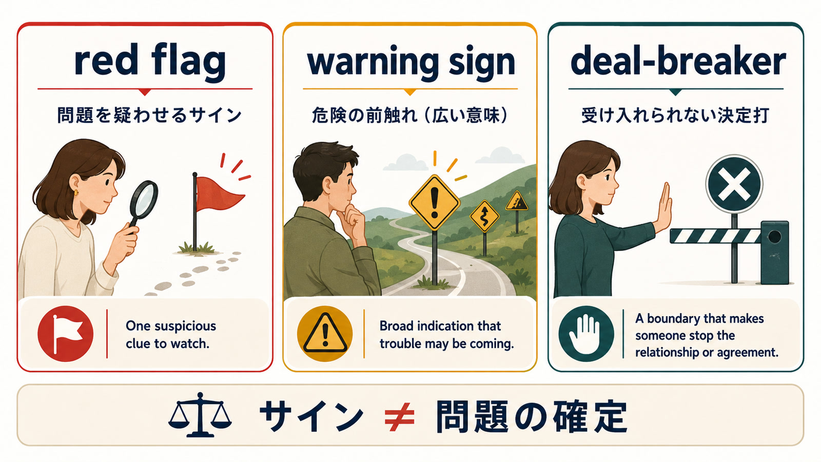 red flag・warning sign・deal-breakerの意味とニュアンスの違い