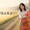 田んぼのあぜ道に咲く赤い彼岸花を紹介する女性