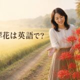 田んぼのあぜ道に咲く赤い彼岸花を紹介する女性
