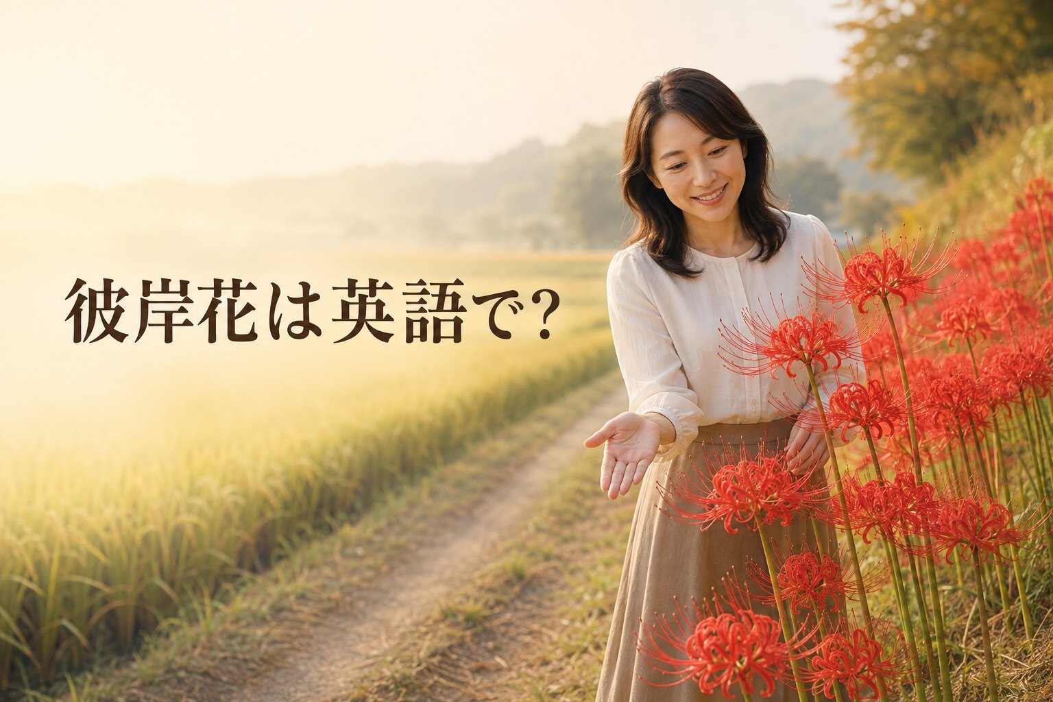 田んぼのあぜ道に咲く赤い彼岸花を紹介する女性