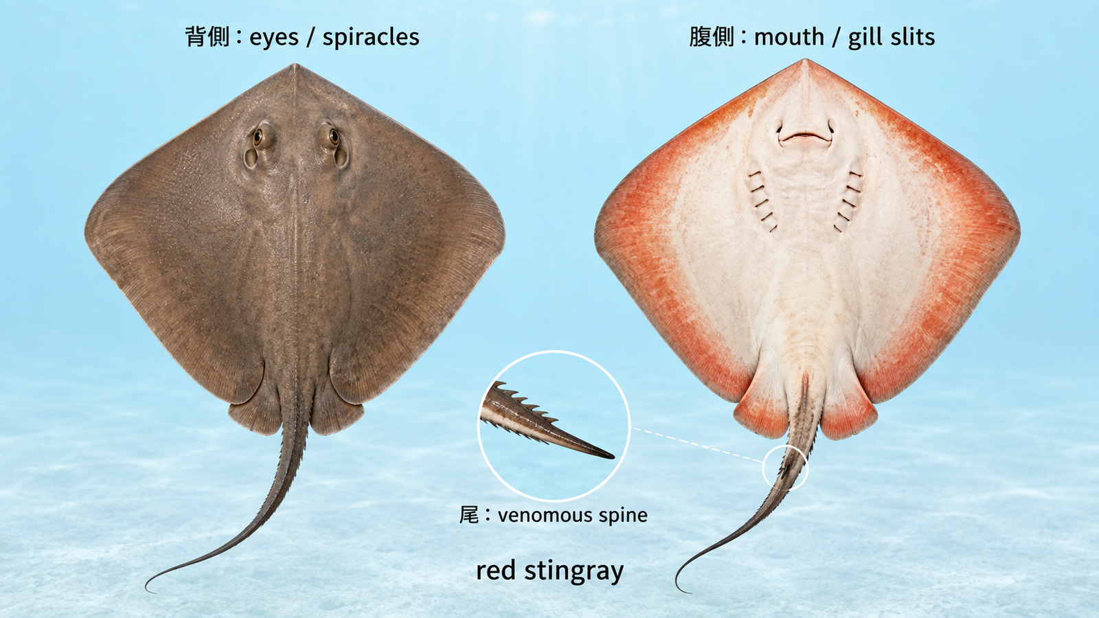 red stingrayの背側・腹側・尾の毒棘を示した比較図