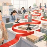 複雑な書類手続きを赤いテープで表したred tapeのイラスト