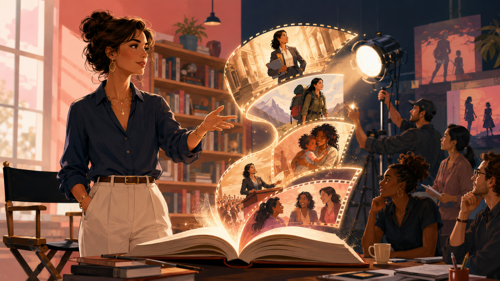 架空の女性プロデューサーが本から広がる多様な女性の物語を映画制作チームと形にするイラスト