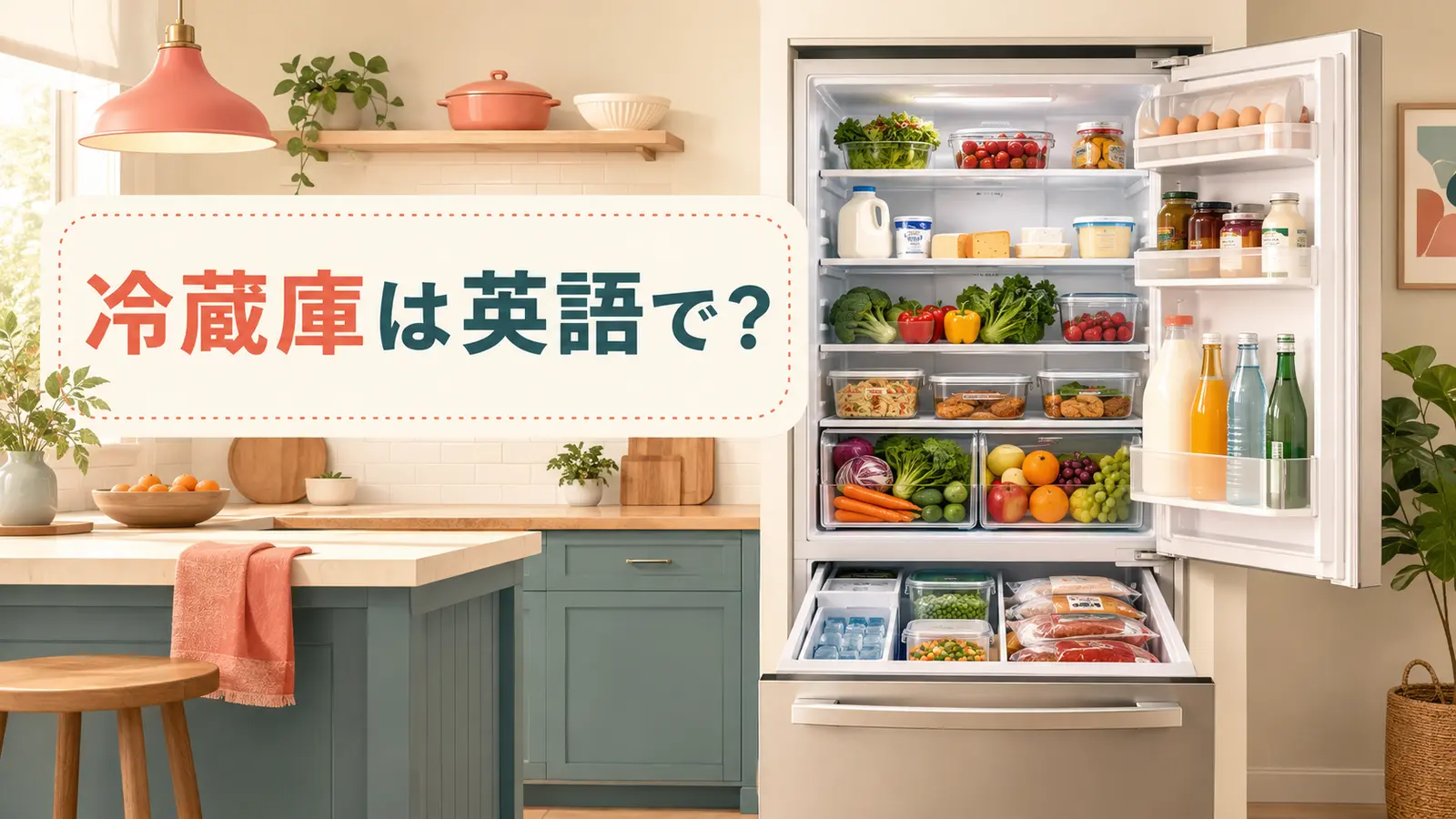 冷蔵庫は英語でrefrigeratorまたはfridgeと示したイメージ