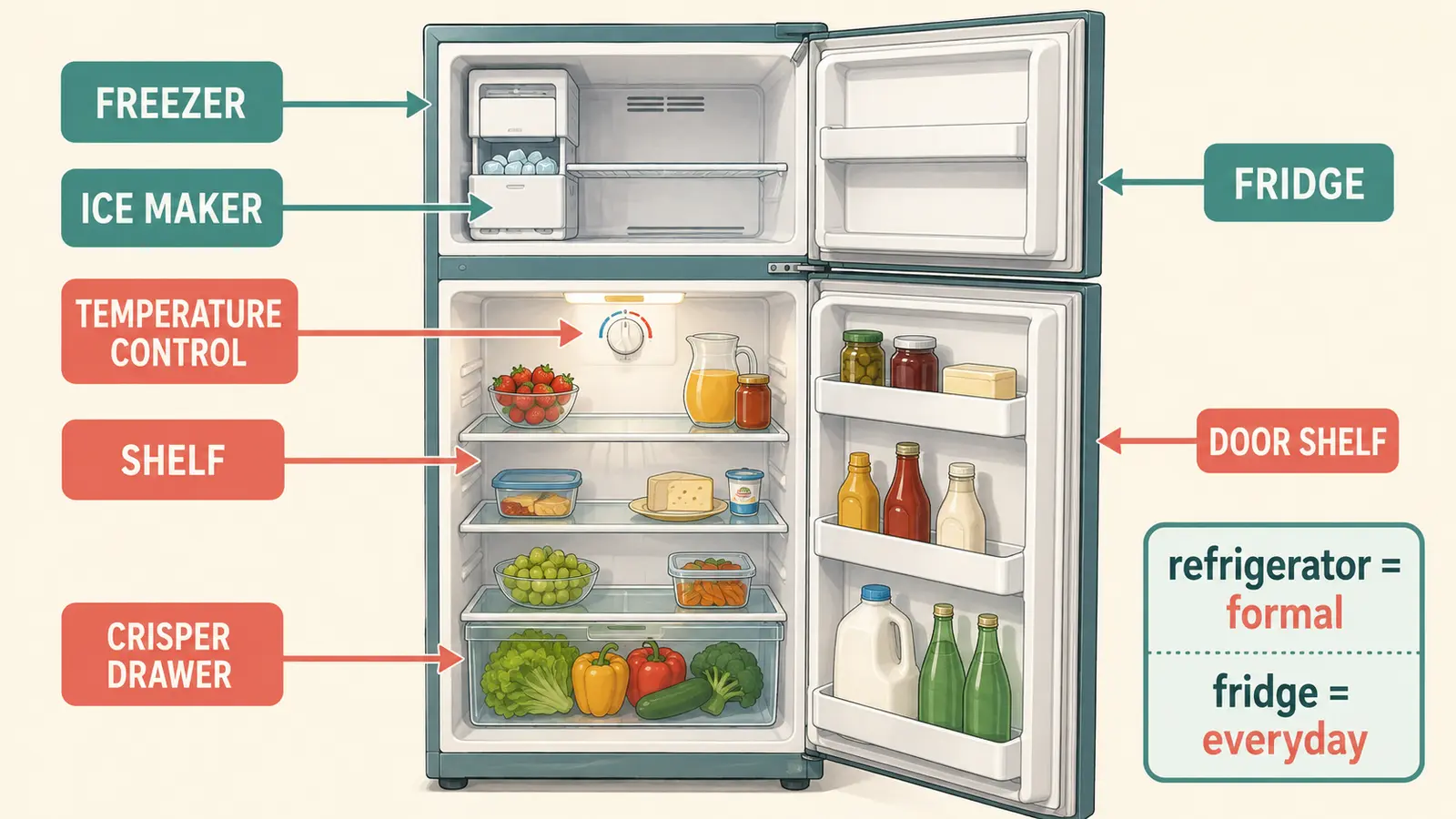 fridge・freezer・shelf・crisper drawerなど冷蔵庫の英語図解