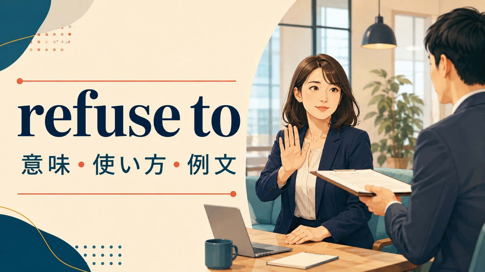 refuse toの意味を表す、職場で依頼をきっぱり断る女性のイラスト