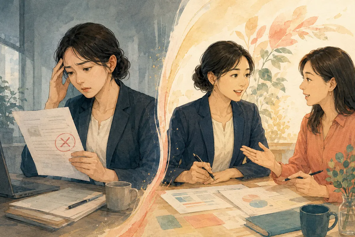 仕事のミスを後悔する場面と、次の行動を相談して前へ進む場面の比較イラスト