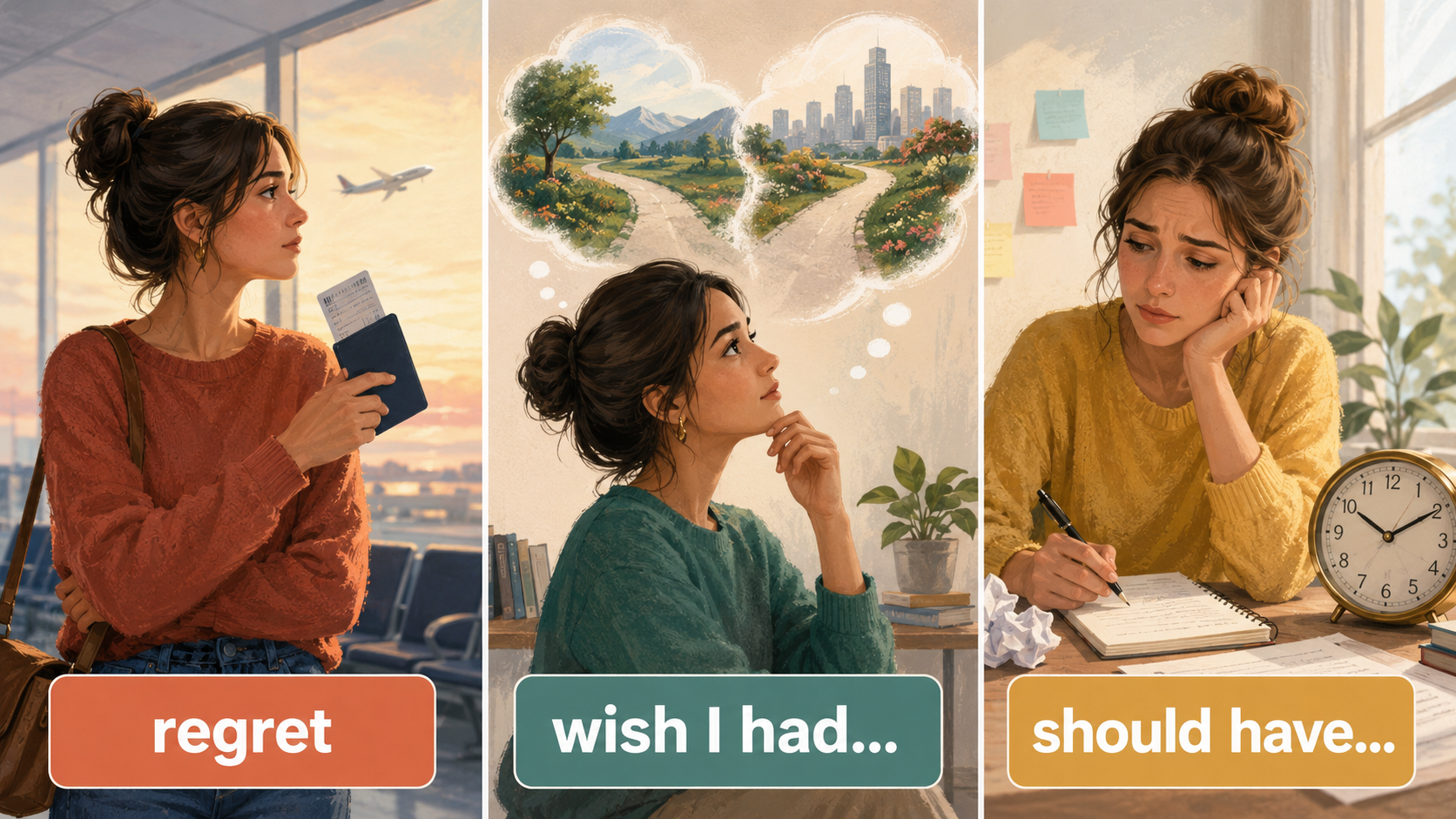 regret・wish I had・should haveの違いを示した比較イラスト