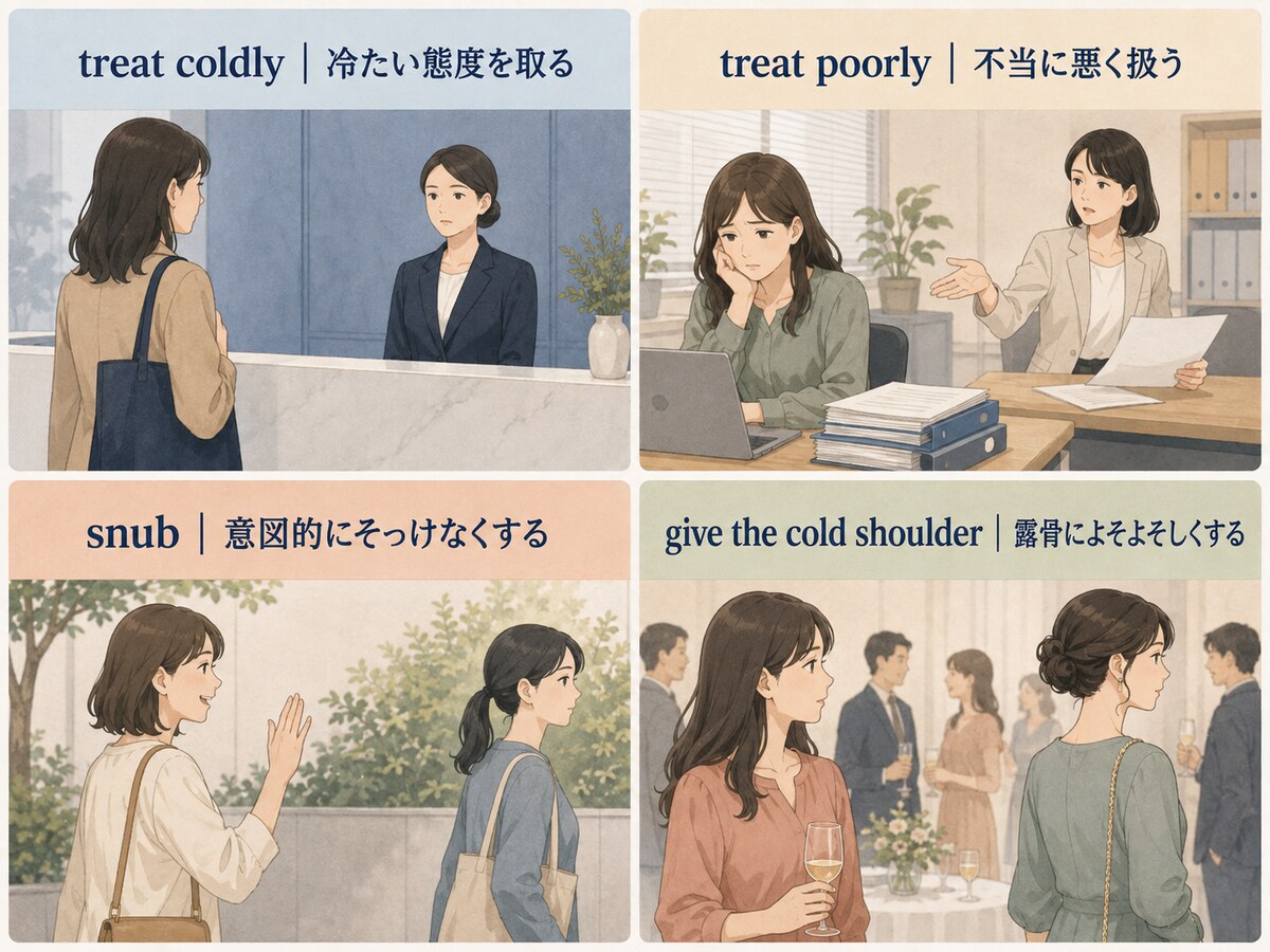 treat coldly・treat poorly・snub・give the cold shoulderの違いを示す比較イラスト