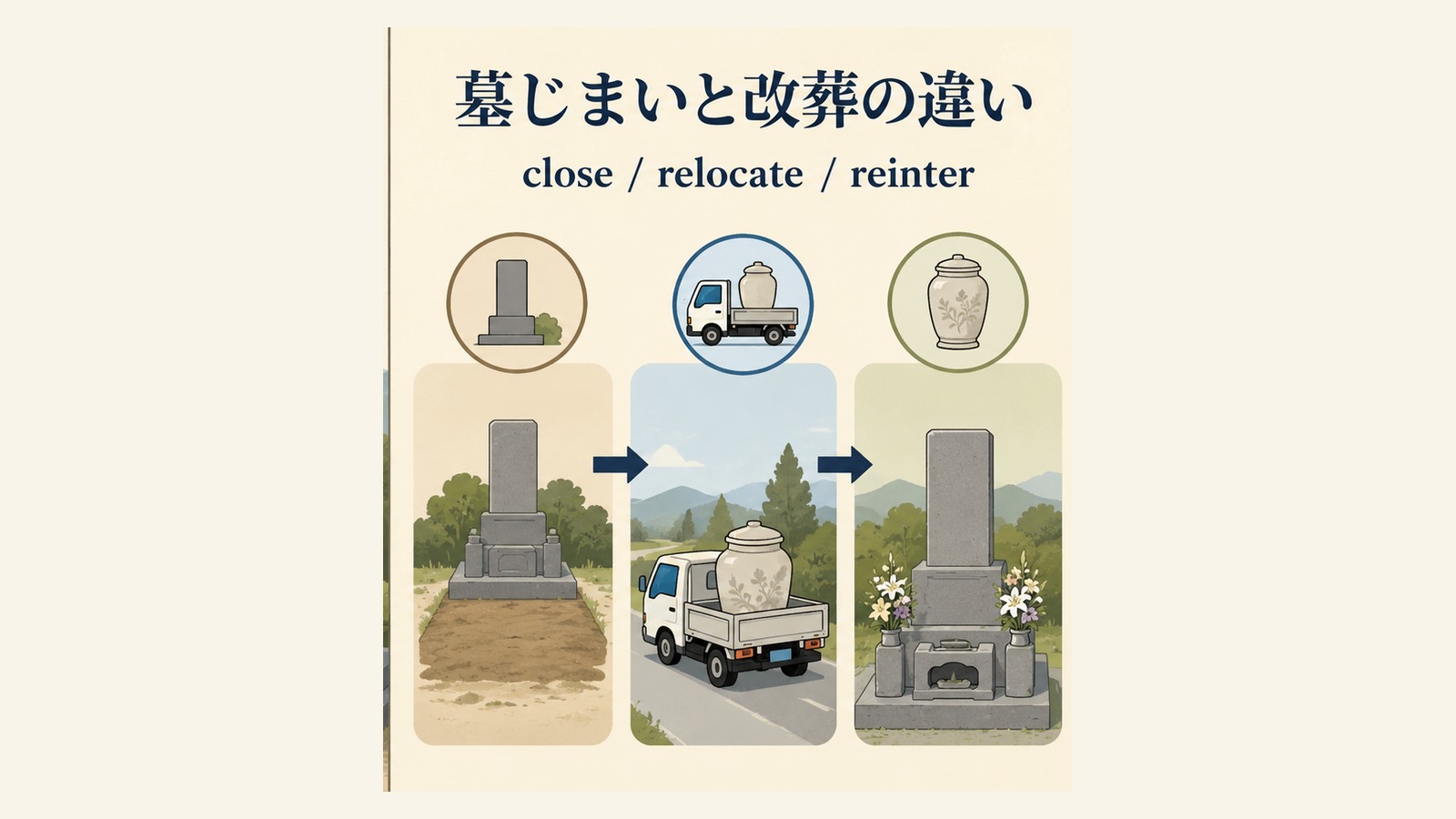 改葬の英語表現と文化差を説明するイラスト
