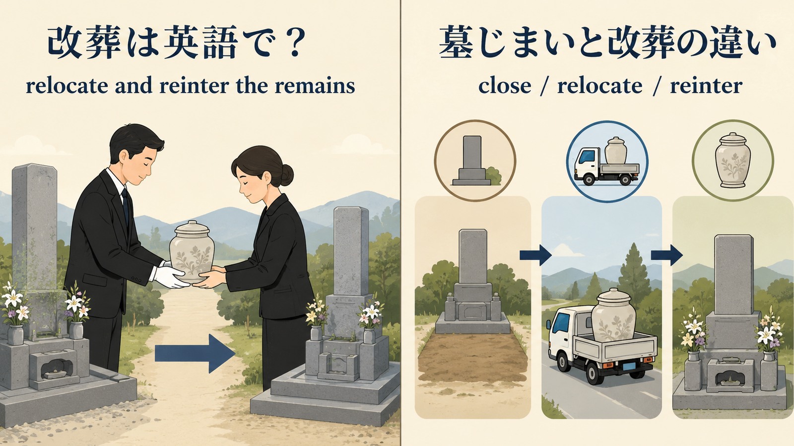 「改葬」は英語で？relocate and reinter the remainsの意味・使い方・文化差と例文
