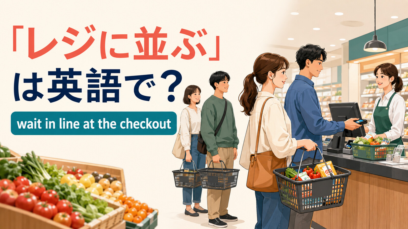 スーパーのレジに並ぶ人たちと英語表現 wait in line at the checkout