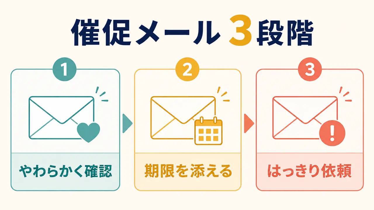 英語の催促メールをやわらかい確認から明確な依頼まで3段階で示した図解
